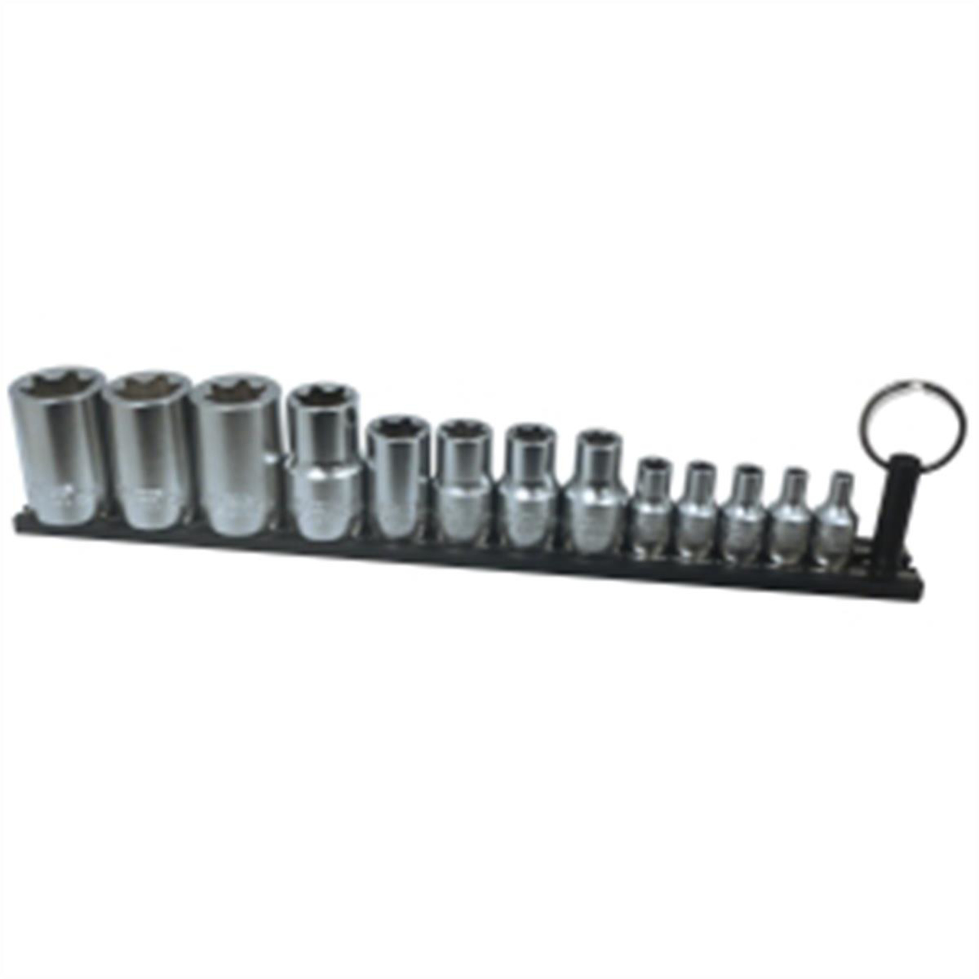 VIM Tools 13-Piece E Inverted Torx Driver Set — S2 Steel, E4-E24, Satin Chrome Sockets, Gun Metal Grey Bits, Model# VIMTMS-ETORX